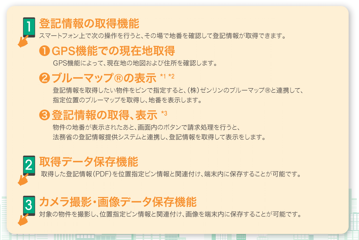 GPS機能で現在地取得 ブルーマップの表示 法務省の登記情報提供システムと連携し取得